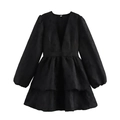 Elegant French style V-neck long sleeve dress with layered ruffle hem and floral embossing - XS / Black
