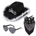 Cappello da cowboy nero con piume bianche, corona d'argento, occhiali a cuore e bandana - Set 3 Pezzi Cowboy Nero