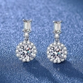 Silver drop earrings featuring emerald-cut and round halo set sparkling moissanite gems - Round Tassel Earrings Led-92