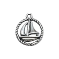 Silver-colored metal sailboat pendant with rope texture ring for DIY jewelry making - Sailing Boat Charm (7336) / 1 Piece (16x18mm) / Antique Silver