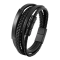 Detail eines mehrlagigen schwarzen Lederarmbands mit Magnetverschluss und Metallplatte - Schwarzes Metall