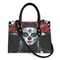 Black PU leather tote bag with Day of the Dead sugar skull print and red rose detail - Sugar Skull Painted Female Red Rose - Black Strap