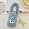 Soft blue plush water bottle holder featuring a cute black cat embroidery and carry handle - Gray Blue