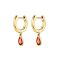 Macro detail of 18K gold hoop earrings with ruby red pear shaped zircon drop pendants - Gold Hoop Dark Red Teardrop Pendant (JHQ0009-GG-5)