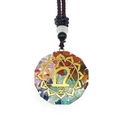 Octagon resin pendant with colorful natural stones and gold chakra symbol on cord - Octagonal Chakra Symbol Style (3-23)