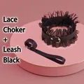 Black leather neck collar with lace trim and leash set for maid costume play - Leather/Lace/Metal / Black Choker