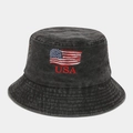 Vintage washed black cotton bucket hat with American flag embroidery and USA logo - Black