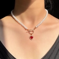 Women's pearl necklace with red heart pendant and gold OT buckle clasp detail - SY309-Gold OT Buckle Red Gemstone Heart Pendant Necklace