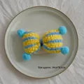 Yellow and blue striped plush bow pendant with soft pom-poms, size 14cm x 8.5cm - Bow / Lake Blue Striped