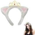 Cerchietto con orecchie di gatto bianche in peluche con corona d'oro e gemma rossa - Cerchietto Corona Bianco e Rosa