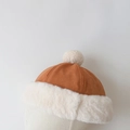 Winter brown suede beanie for kids with thick white faux fur lining and top pompom - 49-52CM (Suggested 2-6 Years) / Caramel color