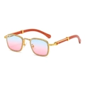Square gold sunglasses with blue-pink gradient lenses, wood temples and rhinestones - Gold Frame Blue to Pink Gradient