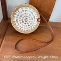 Round woven crossbody bag with heart shell pattern and brown leather strap, 20x8cm - Heart Shell