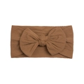 Detailed cable knit texture on caramel brown baby nylon headband with large bow - Brown