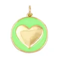 Golden round pendant with 3D heart and vibrant neon green enamel finish for jewelry - Fluorescent Green Round Gold Heart Style ((M81 Heart Fluorescent Green))