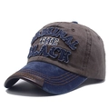 Vintage baseball cap with brown wash cotton body, blue brim and leather trim - One Size / Navy Blue and Mocha