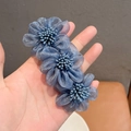 Blue camellia hair clip with three translucent fabric flowers and beaded centers - Spring Clips / Navy Blue Mesh Stamen Style