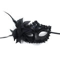 Elegant black masquerade mask featuring side fabric flower, feathers, and sequins - Black