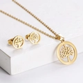 Golden Tree of Life jewelry set featuring a pendant necklace and matching stud earrings - Tree of Life in Circle
