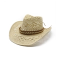 Handgefertigter Cowboy-Strohhut mit breiter Krempe und braunem Lederband-Detail - M (56-58cm) / Beige