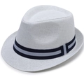 Detail of white woven Panama straw hat featuring a navy and grey striped decorative band - M (56-58cm) / White Ribbon