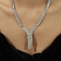 Collana a catena cubana argento con pendente a Y e zirconi bianchi per uno stile chic - 45+5cm / Collana Argento (P229)
