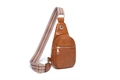 Brown vegan leather sling bag with geometric woven strap and gold metal hardware accents - Small / Dark Brown