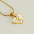 Gold stainless steel heart necklace with white pearl shell and letter M on snake chain - Letter M