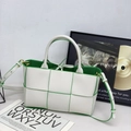 White woven leather tote bag with green trim and adjustable strap for elegant daily style - White and Green