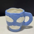 Hand-painted blue sky and white clouds pattern ceramic coffee mug with wavy rim - Dark Blue Cup