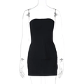 Detail of a black strapless mini dress with layered waist design on a clear mannequin - S / Black