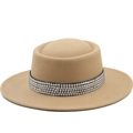 Classic camel wool boater hat with four rows of crystal rhinestones on a wide flat brim - M(56-58cm) / Camel