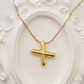 Polished gold puffy cross pendant necklace with beaded snake chain on vintage frame - Gold Letter X