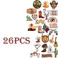 Detail showing 26PCS brown western cowboy embroidery patches with boots and hats - Set of 26 Pieces Style B
