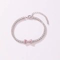 Elegant silver-tone tennis bracelet with white zirconia and a delicate pink heart bow - Heart to Heart Style (Pink Rhinestone) / White Gold