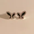 Boucles d'oreilles papillon en argent avec émail noir et strass blancs brillants - Argent Noir (PDE2168)