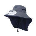 Kids solar fan sun hat with wide brim neck flap in dark grey and navy blue patchwork - Navy Blue