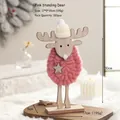 Pink felt wool reindeer Christmas ornament with white knit hat on wooden base, 30cm height - No.23 Big Deer - Cherry Pink