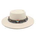 Detail of bohemian wool fedora featuring turquoise beadwork and fringe tassels decoration - M (56-58cm) / Beige