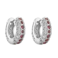 Macro detail of silver hoop earrings featuring pavé-set red and white zircon stones - Platinum Plated Rose Red Zirconia