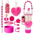 Pink crochet handle and flower plush heart charms for tumbler cups accessory kit - Pink Dachshund Set