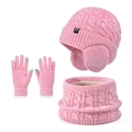 Pink 3-piece kids winter set with cable knit hat, neck warmer and touchscreen gloves - 3-Piece Set - Two-Tone Watermelon Red