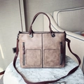 Light brown vintage faux leather tote bag with dark brown handles and shoulder strap - Khaki