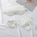 Three-piece pearl white satin sleep set with silk eye mask, scrunchie and drawstring pouch - Off White
