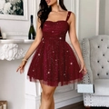 Elegant wine red sequin strap dress with a puffy tulle skirt for evening parties - S / Burgundy