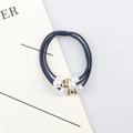 Navy blue elastic hair tie with three-strand braid, white pearls and gold metal beads - Navy Blue