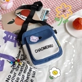Blue and white canvas messenger bag with cute bear badge and black strap for women - Blue Without Charm