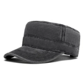 Men's vintage washed cotton flat top cadet cap in charcoal grey with distressed finish - Black 1