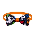 Halloween pet bow tie featuring skull and pumpkin patterns on black ribbed webbing - Black Skull Series