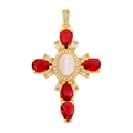 Detail of gold cross pendant featuring red zircons and Mother of Mary shell cameo inlay - Style 30/Gold Red Pear White MOP Relief